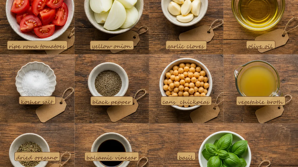 All ingredients for Roasted Tomato Chickpea Soup, labeled