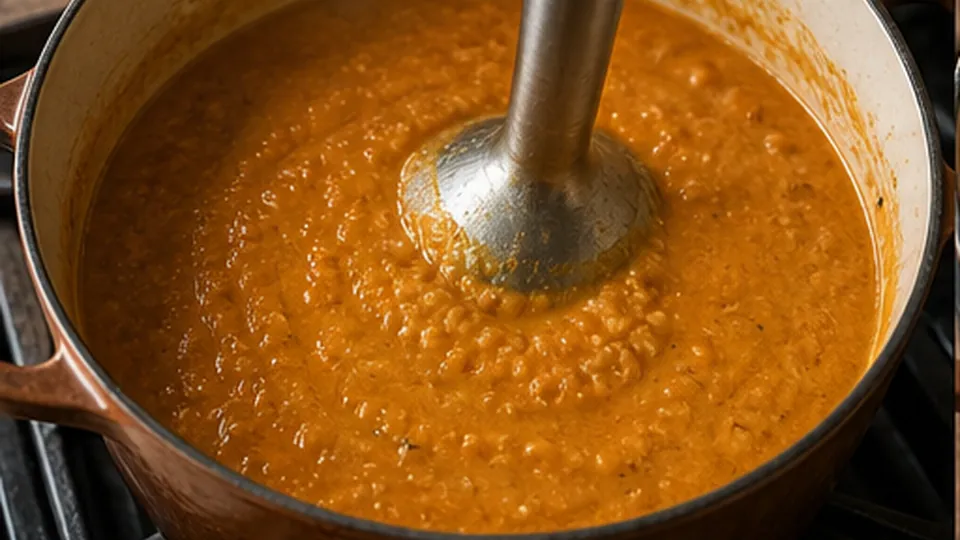 Combine and blend the soup for Roasted Tomato Chickpea Soup
