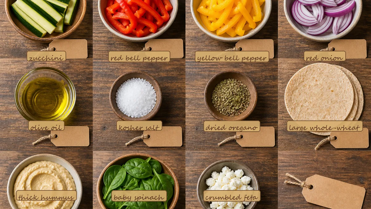 All ingredients for Roasted Vegetable Hummus Wraps, labeled
