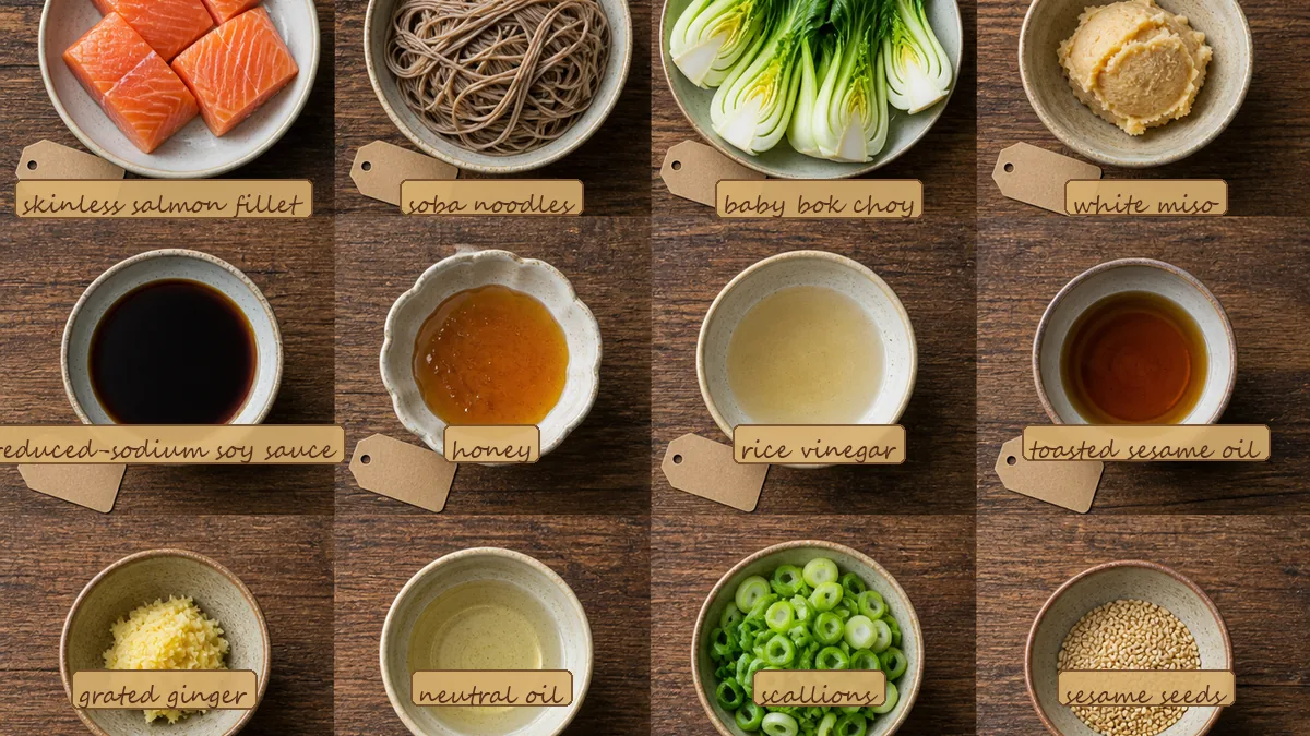 All ingredients for Salmon Miso Noodle Bowls, labeled