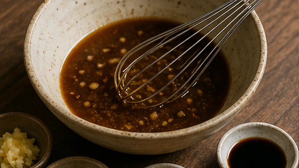 Whisk and split the glaze for Salmon Miso Noodle Bowls