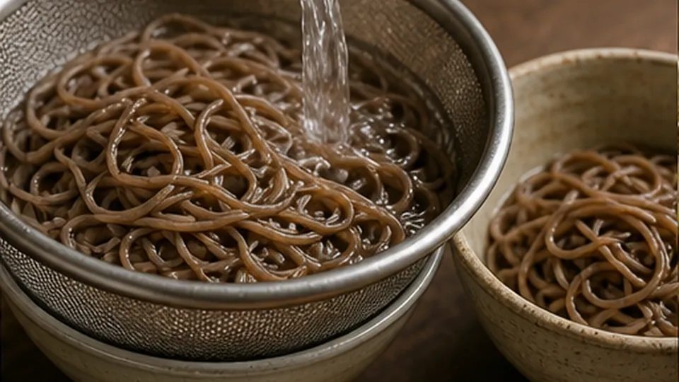 Boil and rinse the soba for Salmon Miso Noodle Bowls