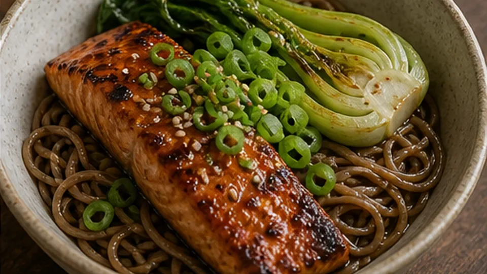 Dress noodles and assemble for Salmon Miso Noodle Bowls