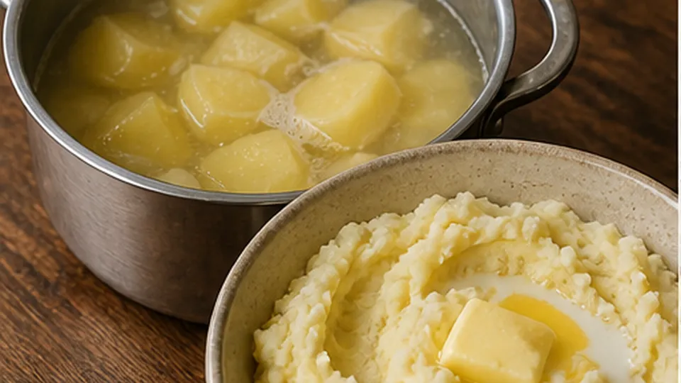 Boil and mash the potatoes for Salmon Potato Pea Pie