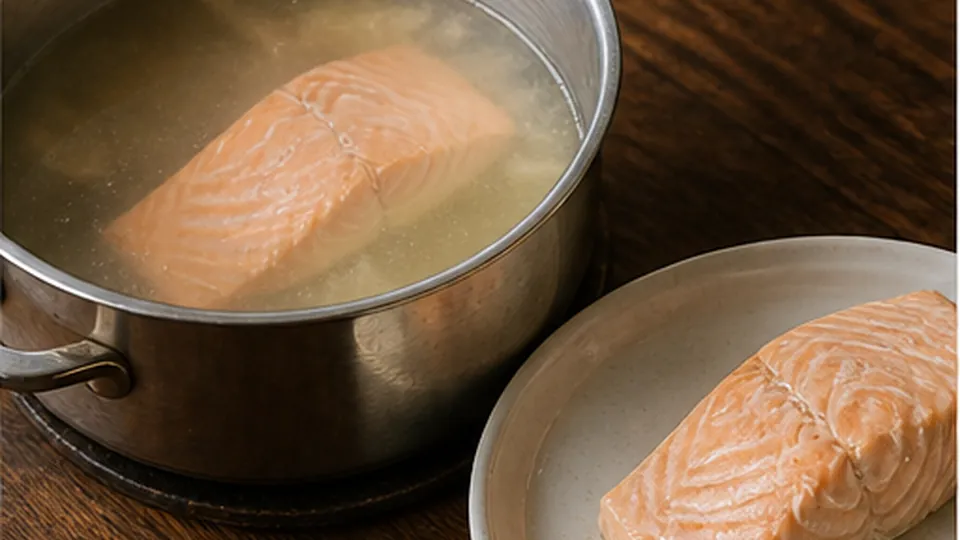 Poach the salmon gently for Salmon Potato Pea Pie