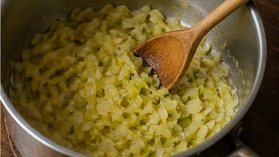 Soften the sliced leek for Salmon Potato Pea Pie
