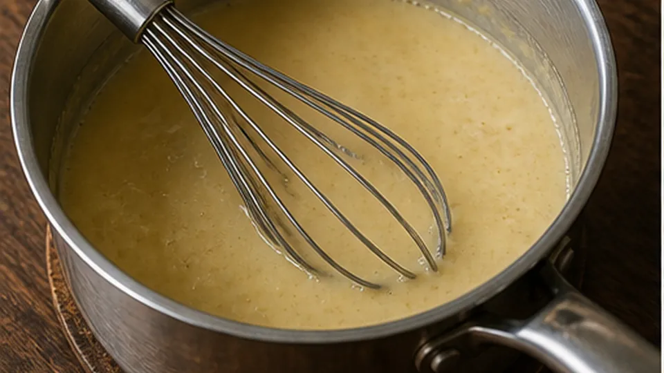 Thicken the poaching broth for Salmon Potato Pea Pie