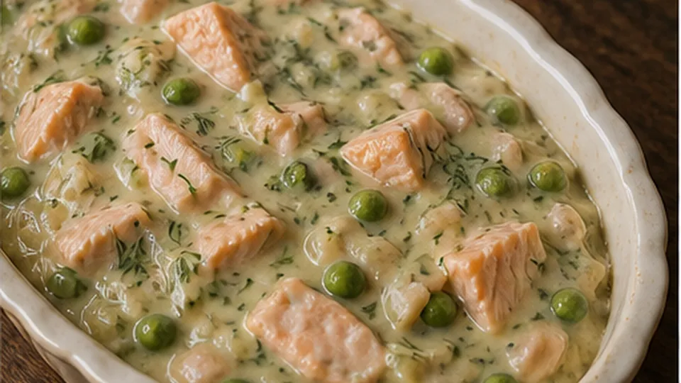 Fold in fish and peas for Salmon Potato Pea Pie