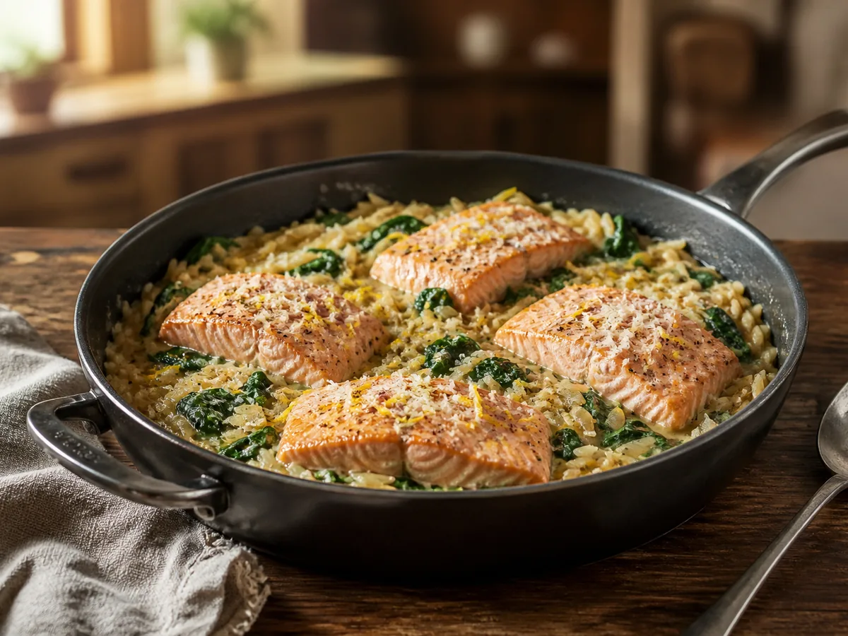Salmon Spinach Orzo Skillet