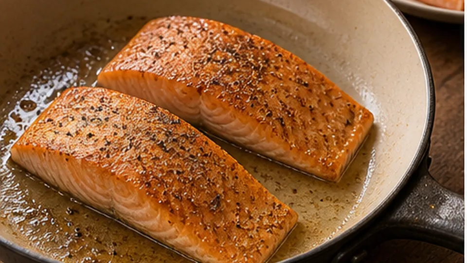 Sear the salmon presentation side for Salmon Spinach Orzo Skillet