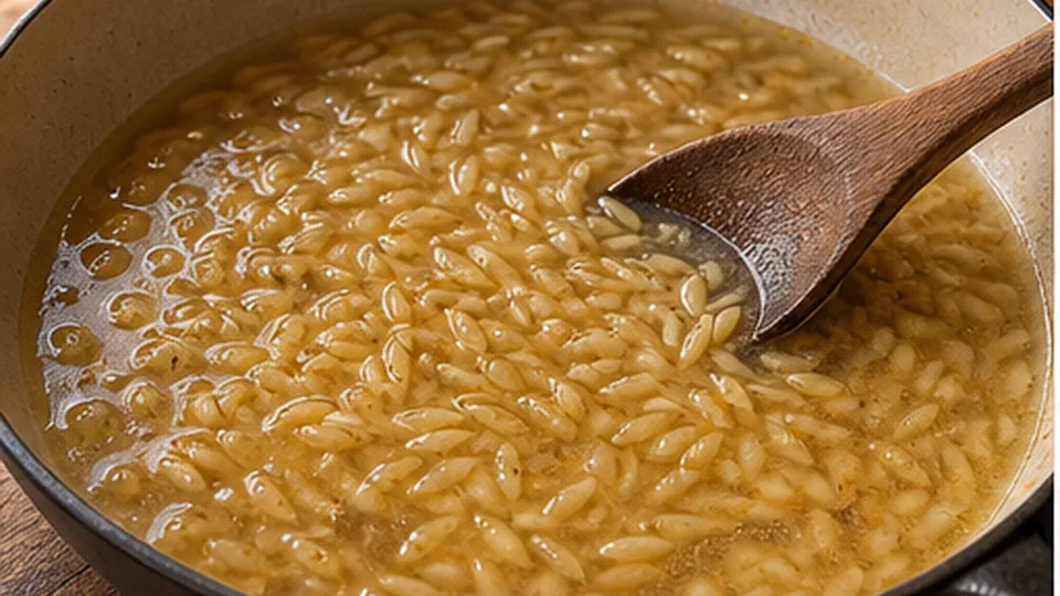 Simmer, scraping the bottom for Salmon Spinach Orzo Skillet
