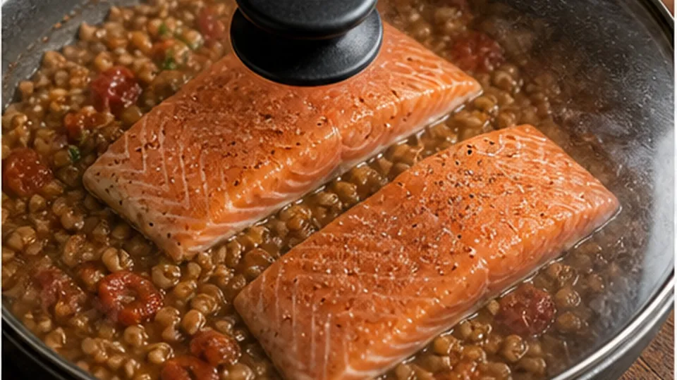 Steam salmon over farro for Salmon Tomato Farro Skillet
