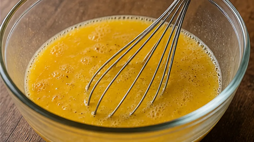 Whisk eggs and milk for Savory Ham Broccoli Breakfast Squares