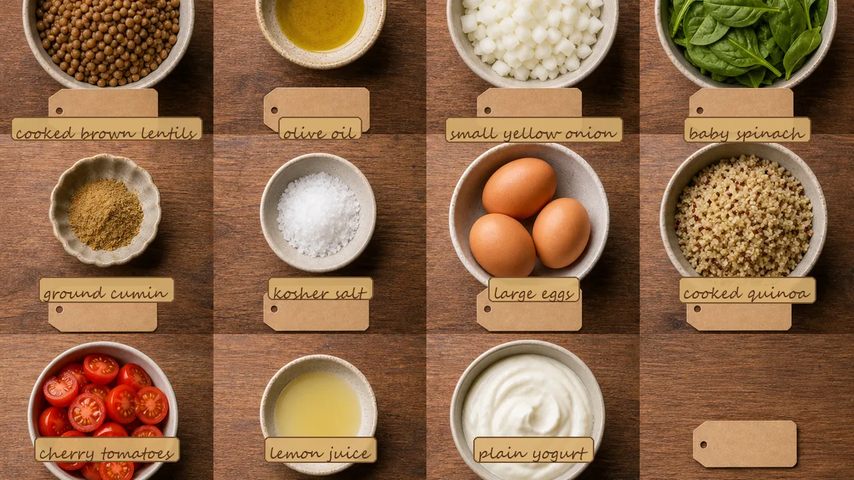 All ingredients for Savory Lentil Breakfast Bowls, labeled