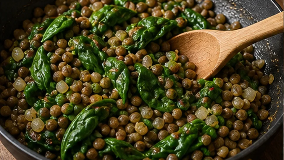 Wilt in the spinach for Savory Lentil Breakfast Bowls