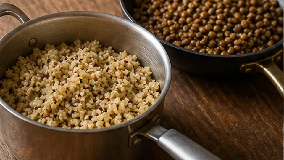Reheat grains to temperature for Savory Lentil Breakfast Bowls