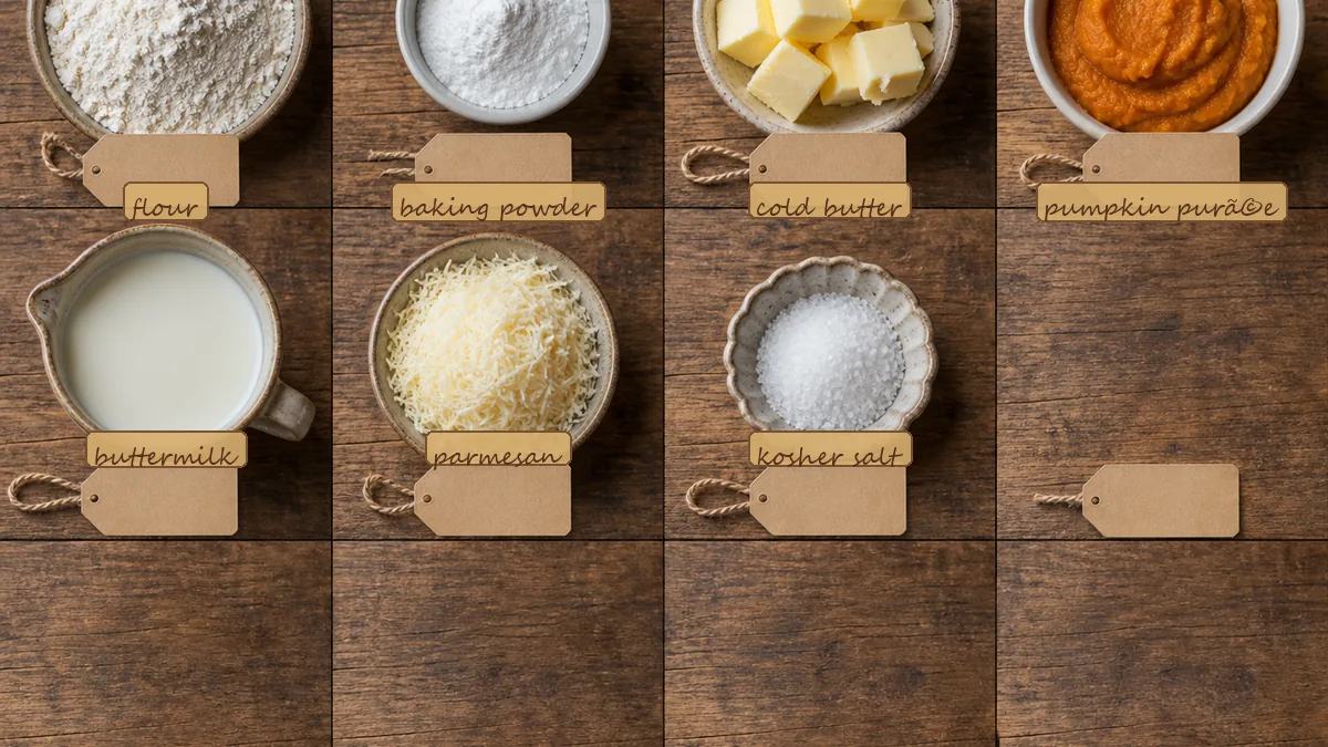All ingredients for Savory Pumpkin Parmesan Biscuits, labeled