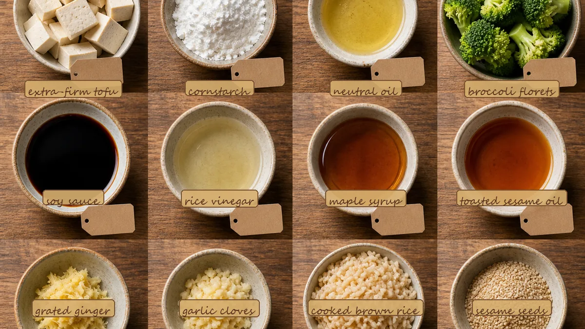 All ingredients for Sesame Tofu Broccoli Bowls, labeled