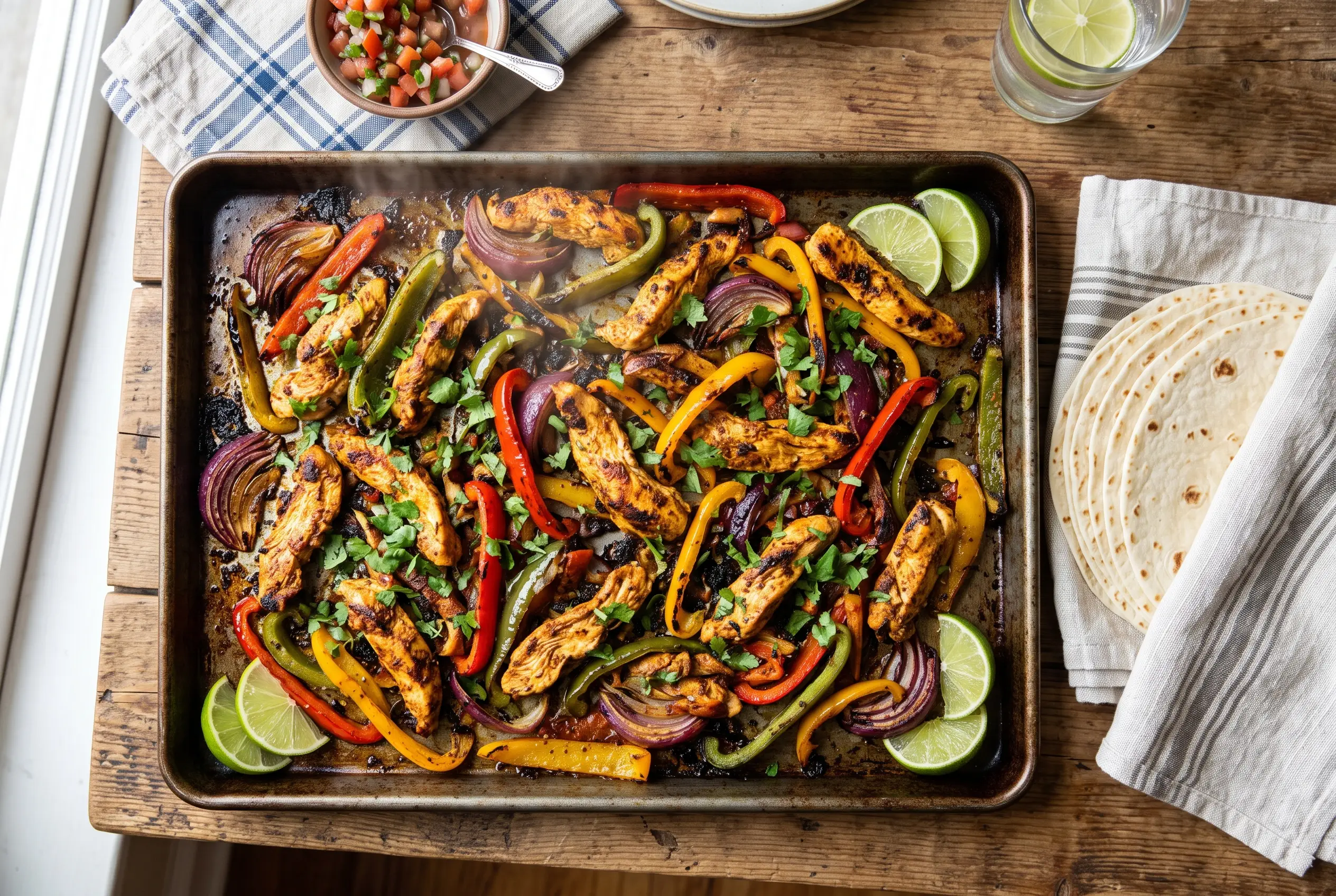 Finished sheet pan chicken fajitas with charred peppers, lime wedges and warm tortillas