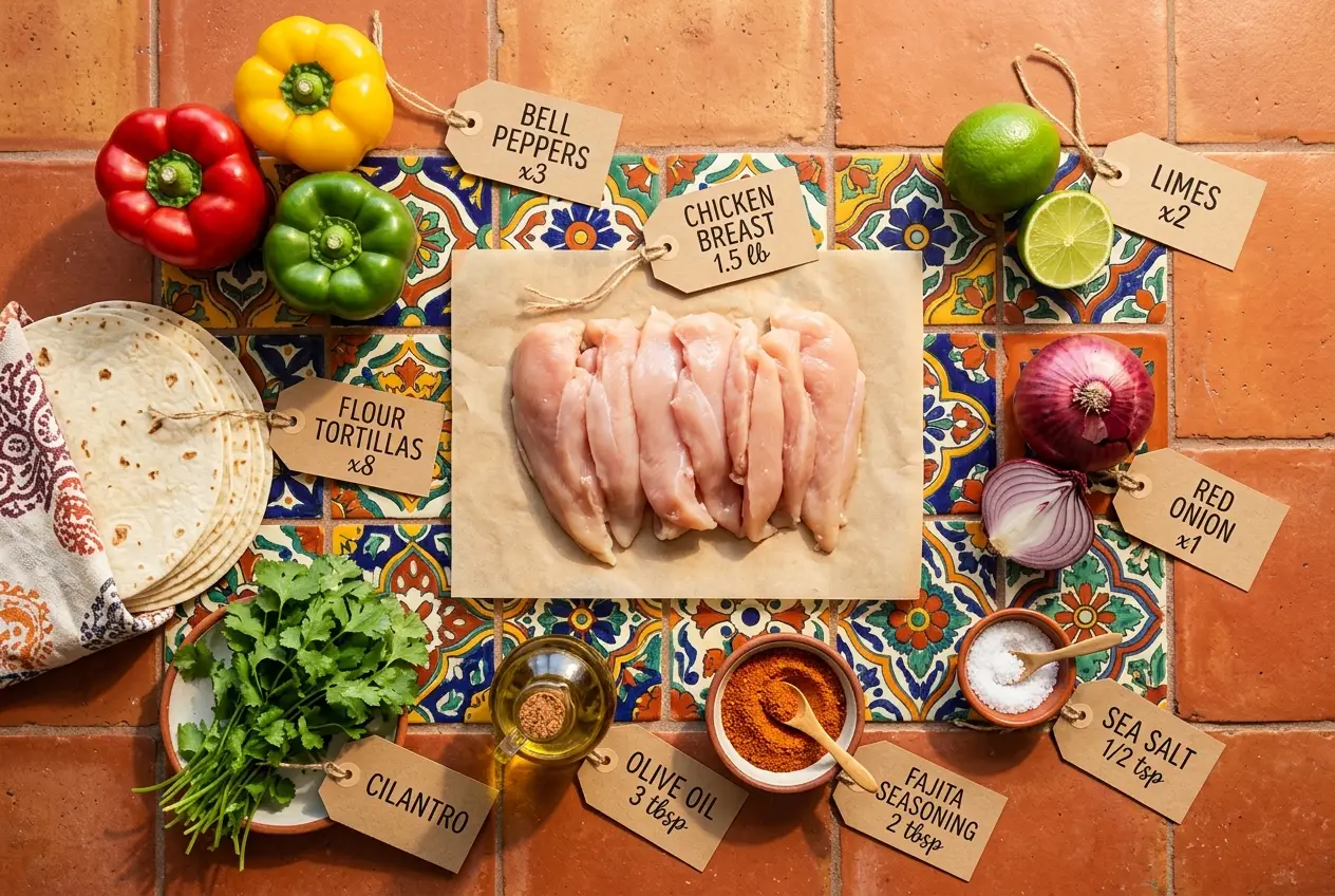 All ingredients for Sheet Pan Chicken Fajitas, labeled