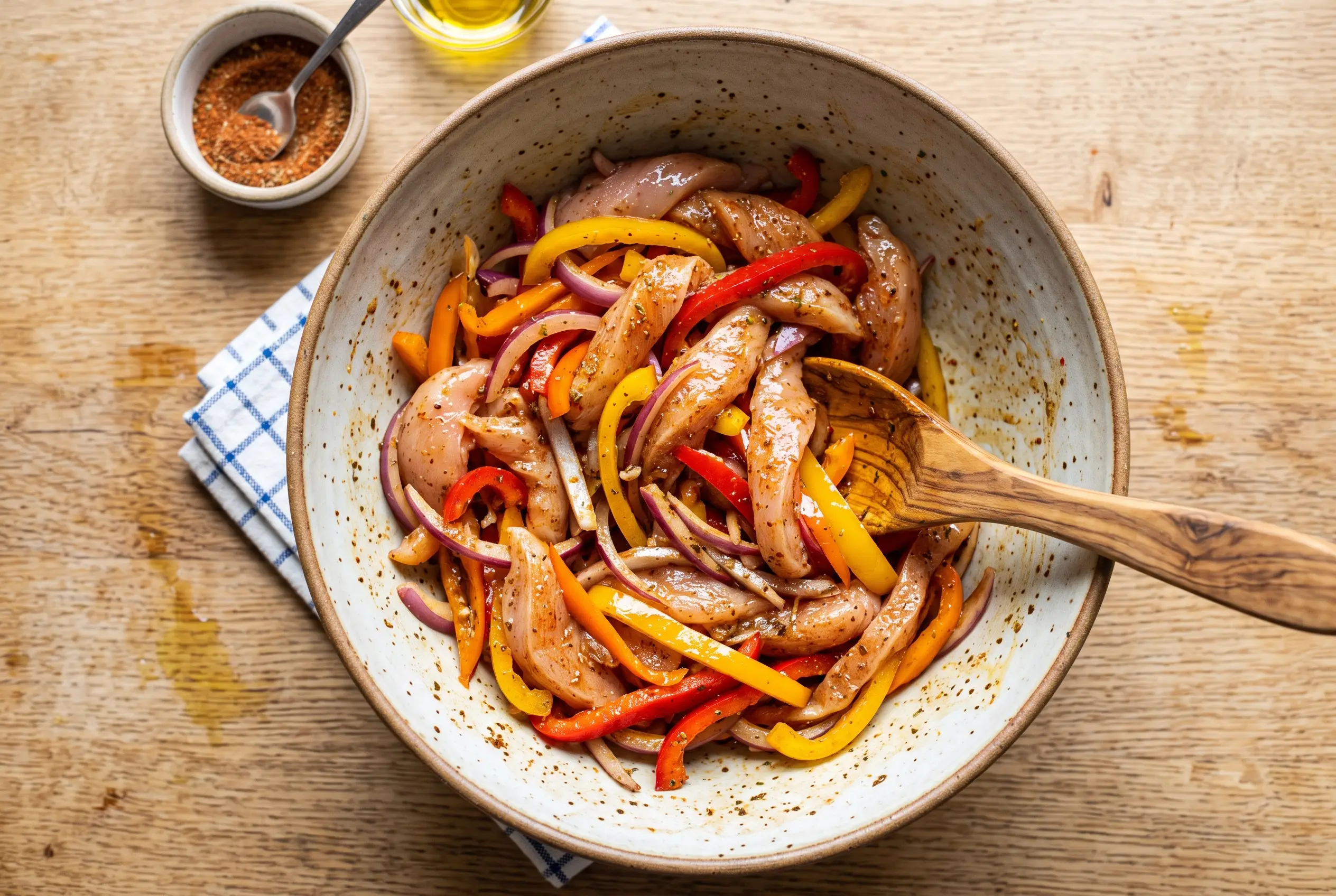 Step 1 of sheet pan chicken fajitas