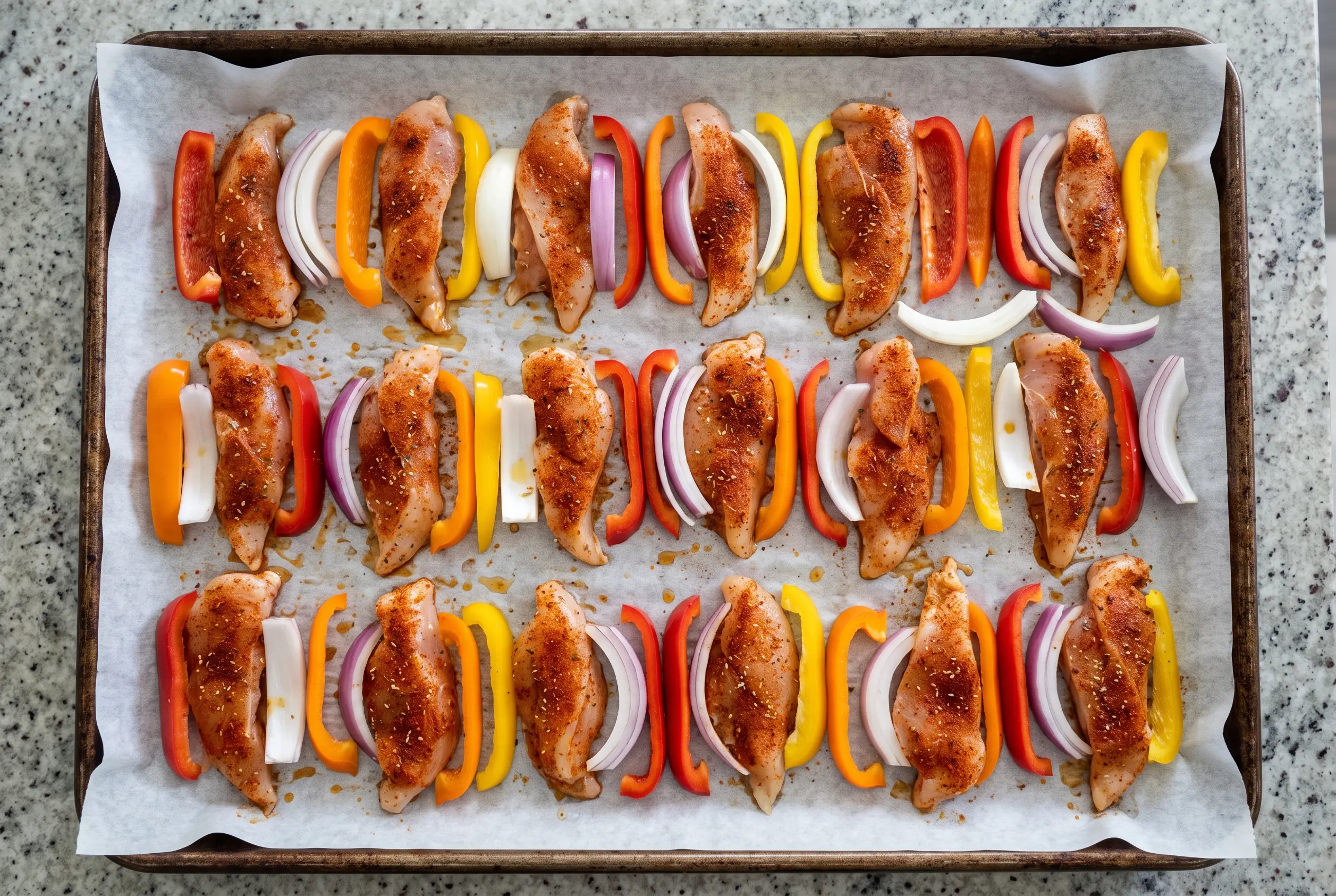 Step 2 of sheet pan chicken fajitas