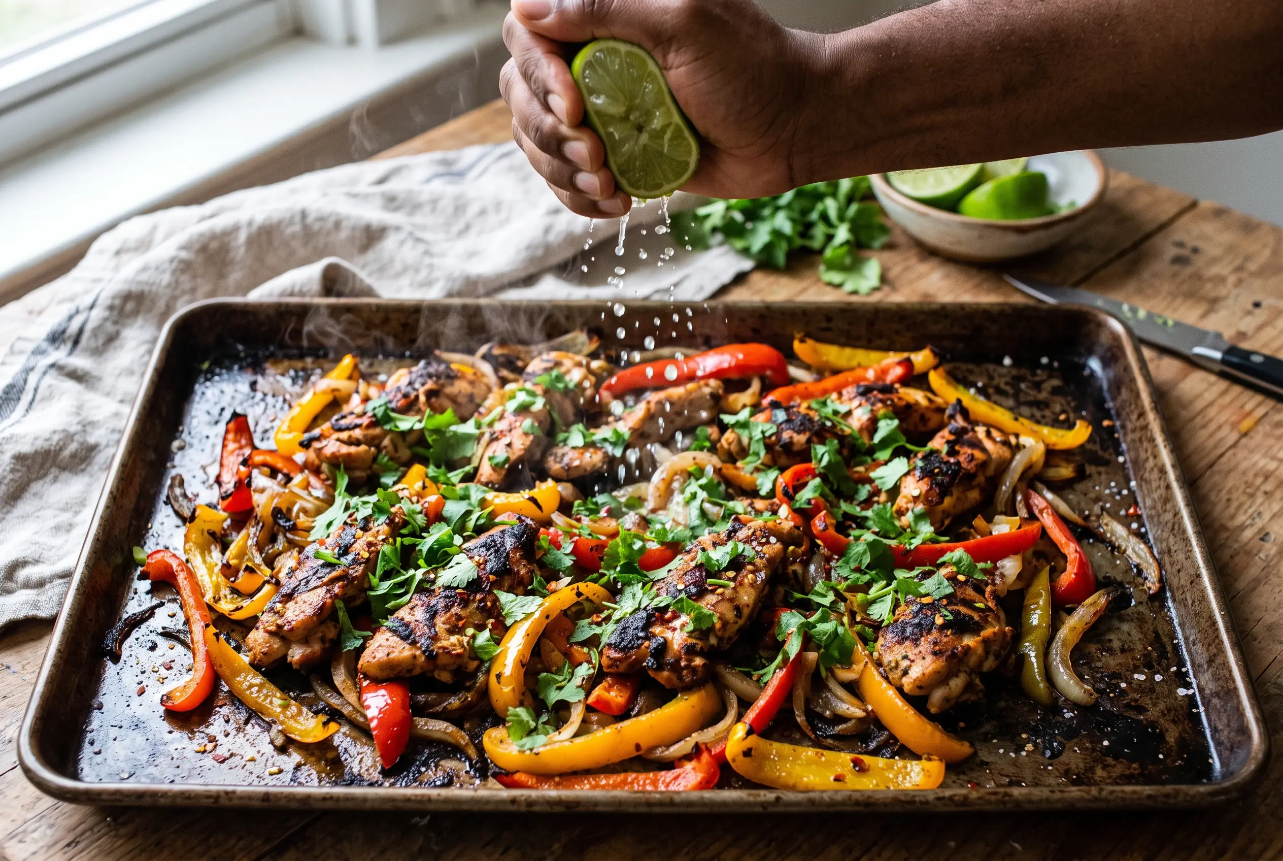 Step 5 of sheet pan chicken fajitas