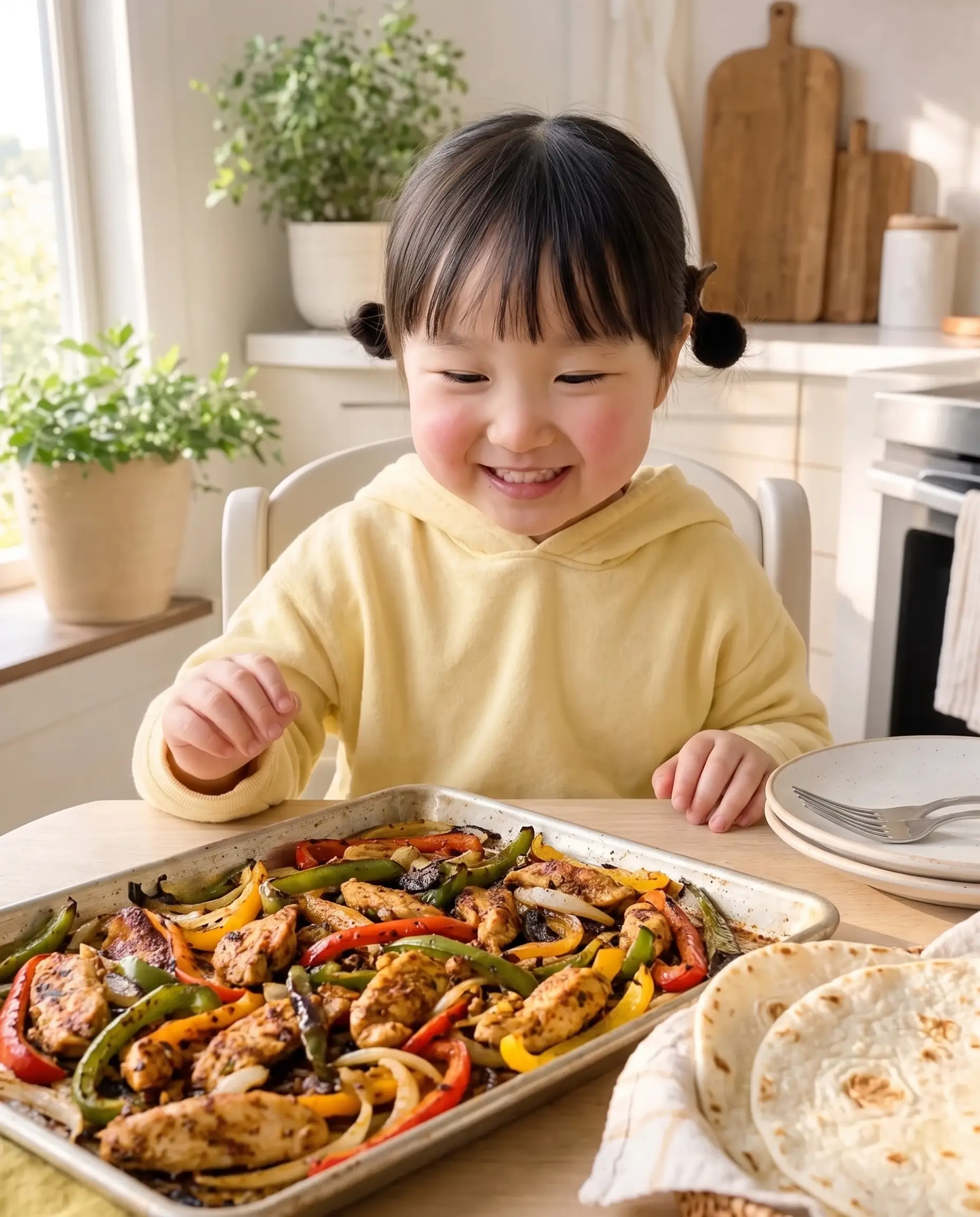Tiana, Mommy Cooking's AI visual representative, smiling at a fresh platter of sheet-pan chicken fajitas