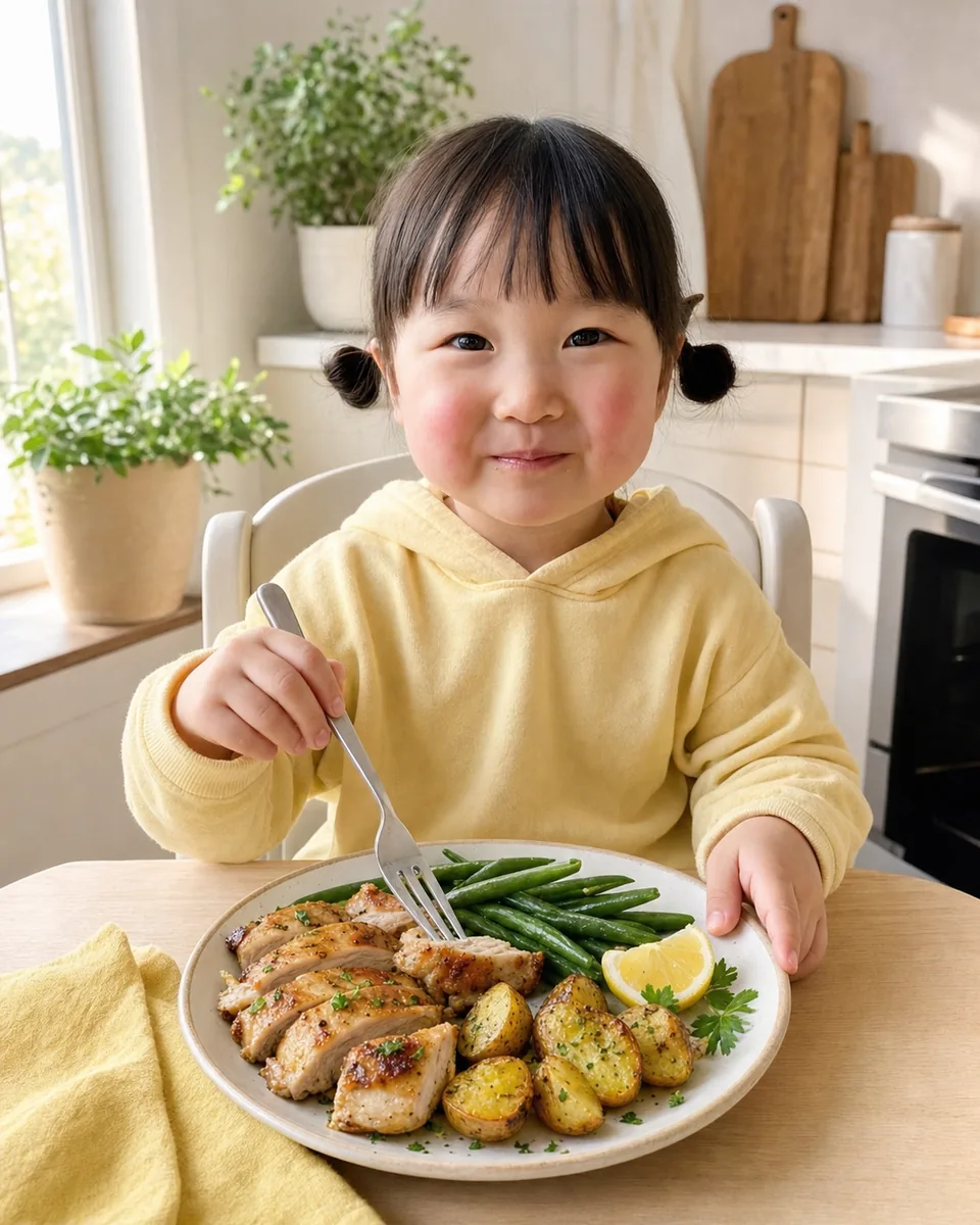 Tiana smiling beside lemon herb chicken, roasted potatoes, and green beans