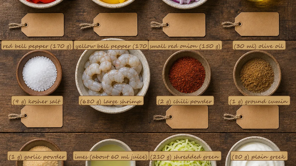 All ingredients for Sheet-Pan Shrimp Tacos with Lime Slaw, labeled