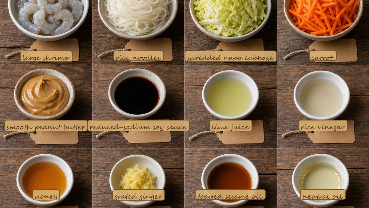 All ingredients for Shrimp Peanut Noodle Bowls, labeled