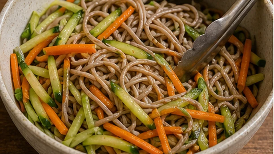 Toss noodles with raw vegetables for Shrimp Sesame Soba Salad