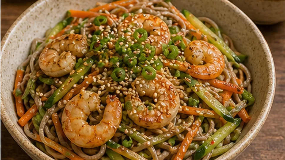 Finish with scallions and seeds for Shrimp Sesame Soba Salad