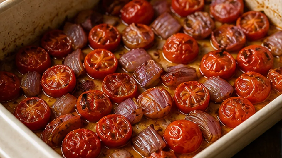 Roast tomatoes until jammy for Shrimp Tomato Feta Bake