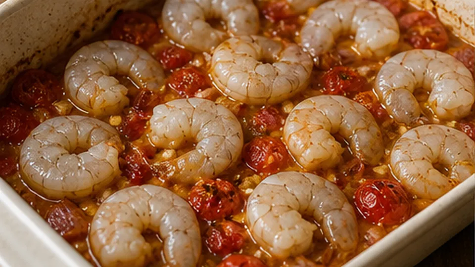 Nestle them in one layer for Shrimp Tomato Feta Bake