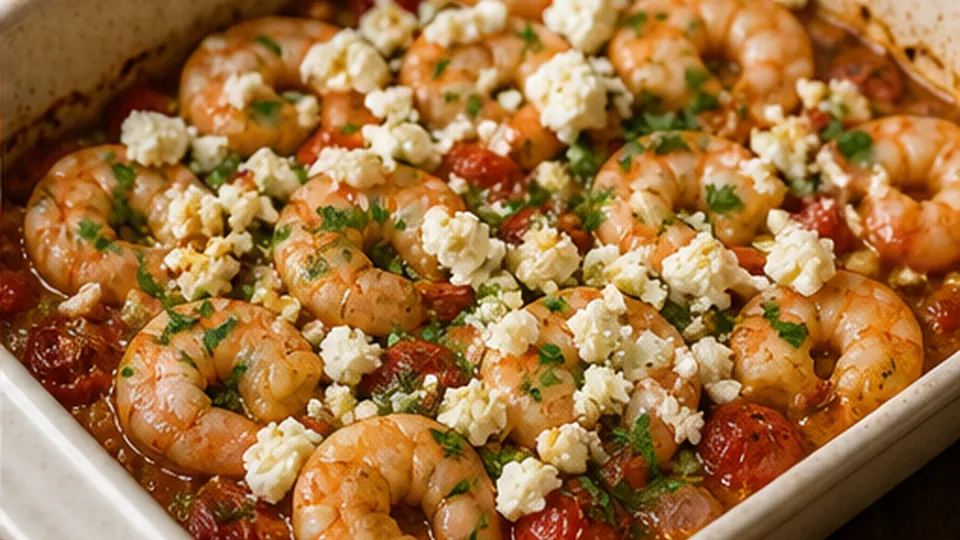 Crumble feta and finish for Shrimp Tomato Feta Bake