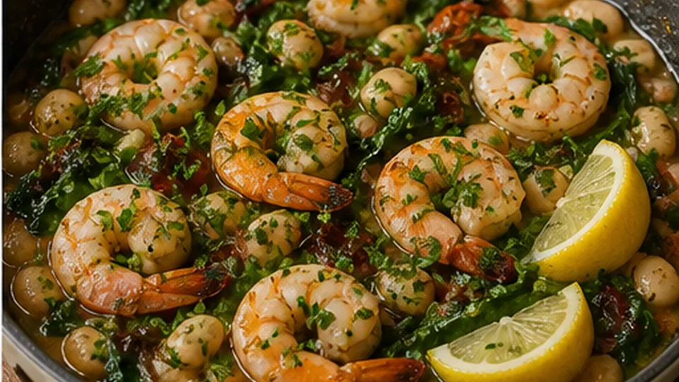 Lift with lemon and parsley for Shrimp White Bean Skillet