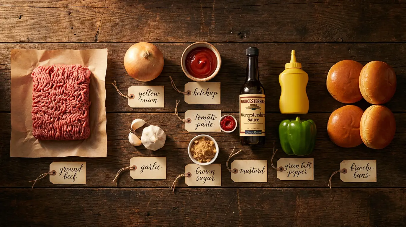 All ingredients for Sloppy Joes That Respect the Bun, labeled