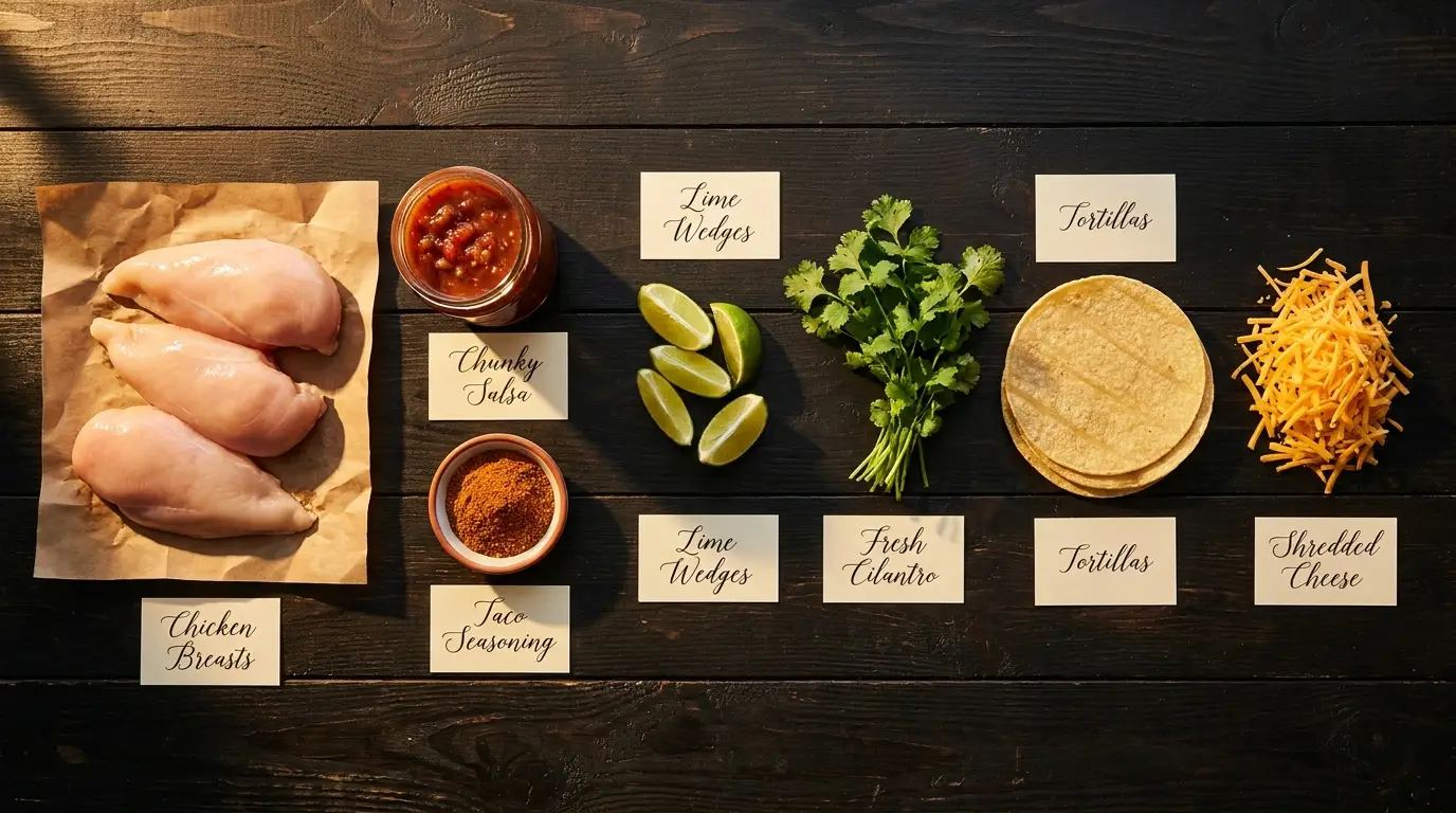 All ingredients for Slow Cooker Salsa Chicken, labeled