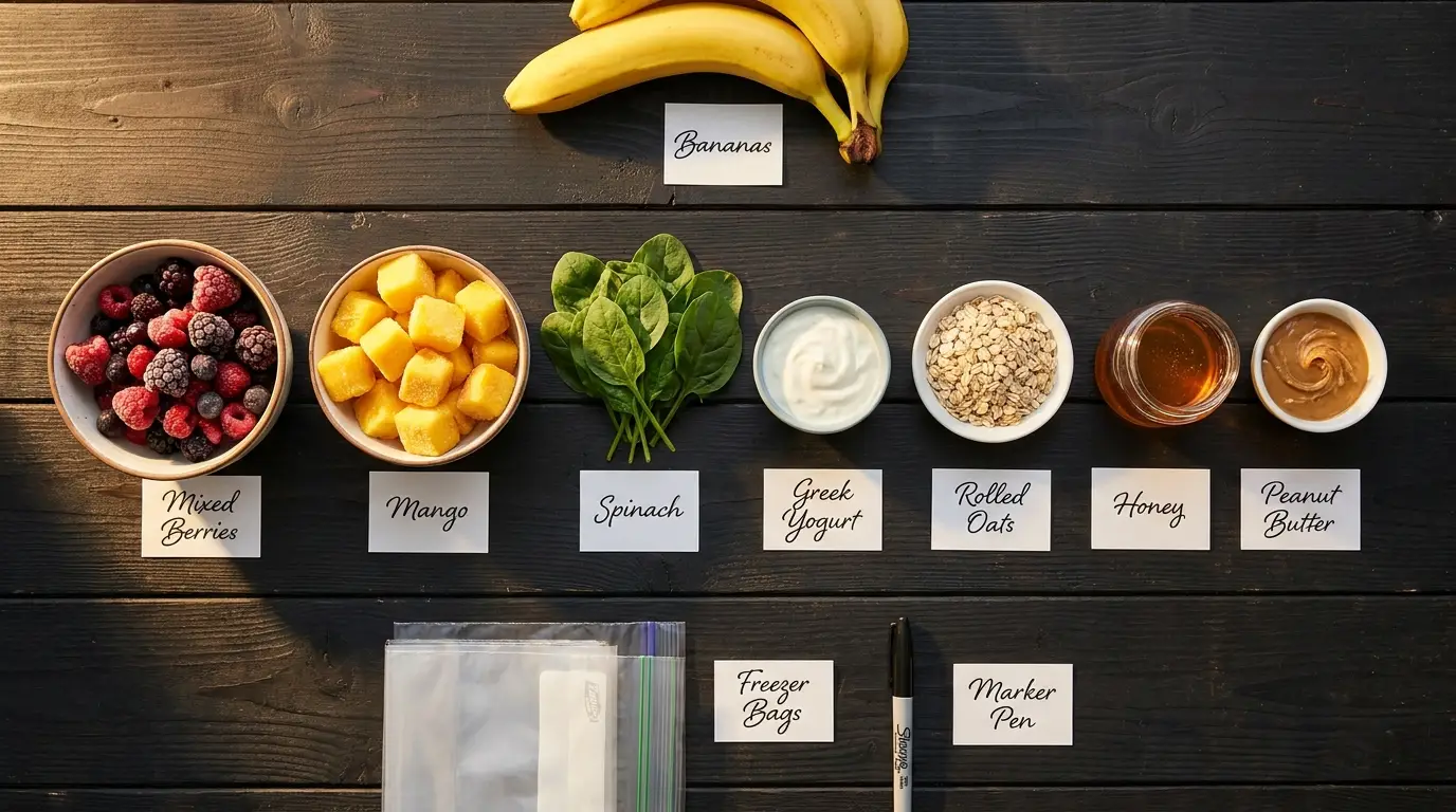 All ingredients for Smoothie Packs for School Mornings, labeled