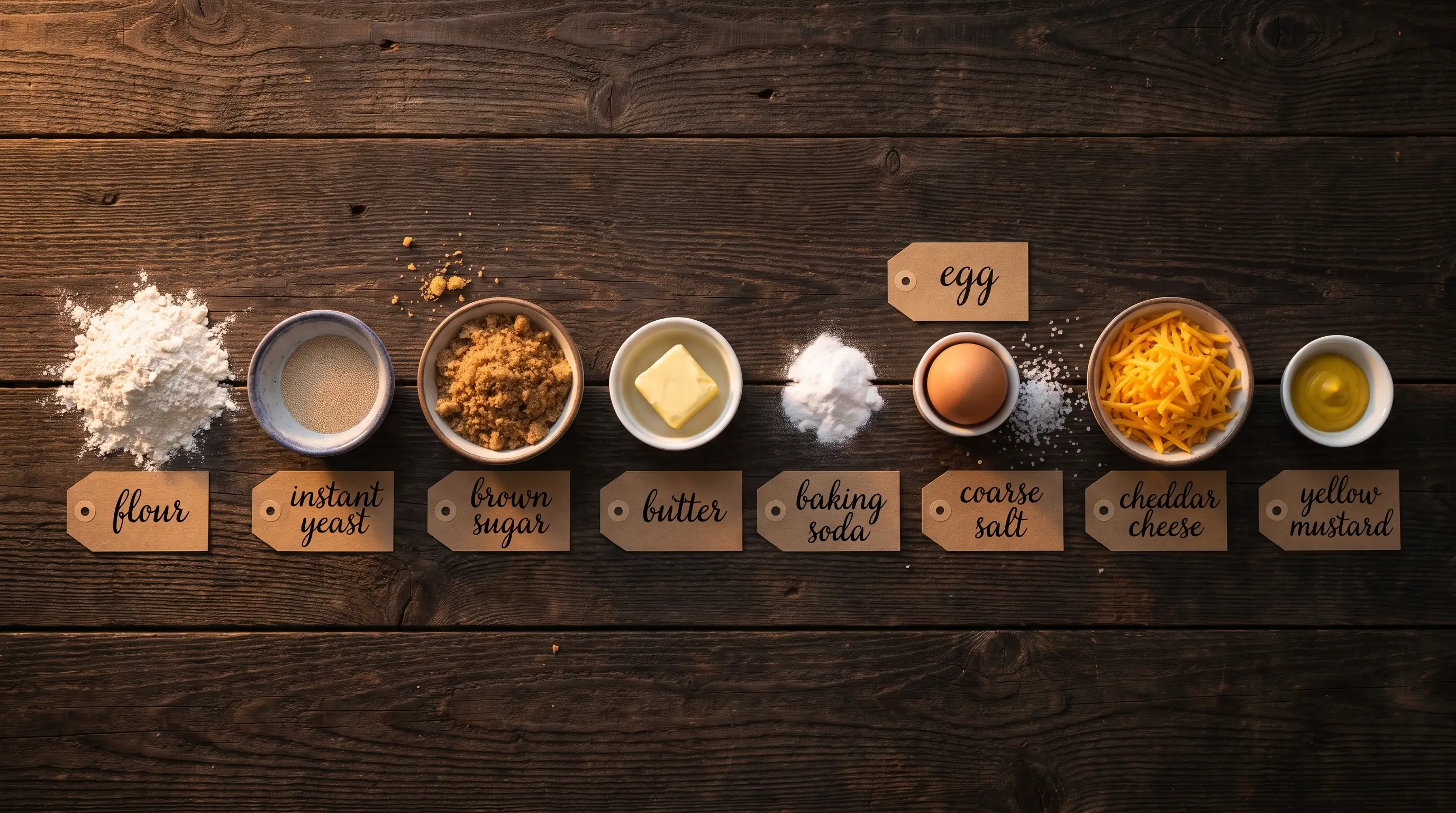 All ingredients for Homemade Soft Pretzel Bites, labeled