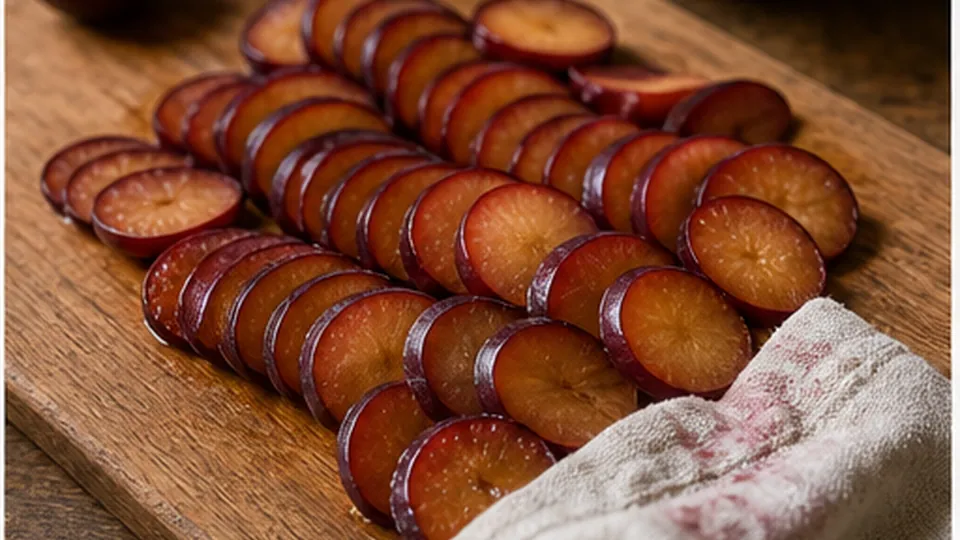 Slice and blot the plums for Spiced Plum Oat Slice