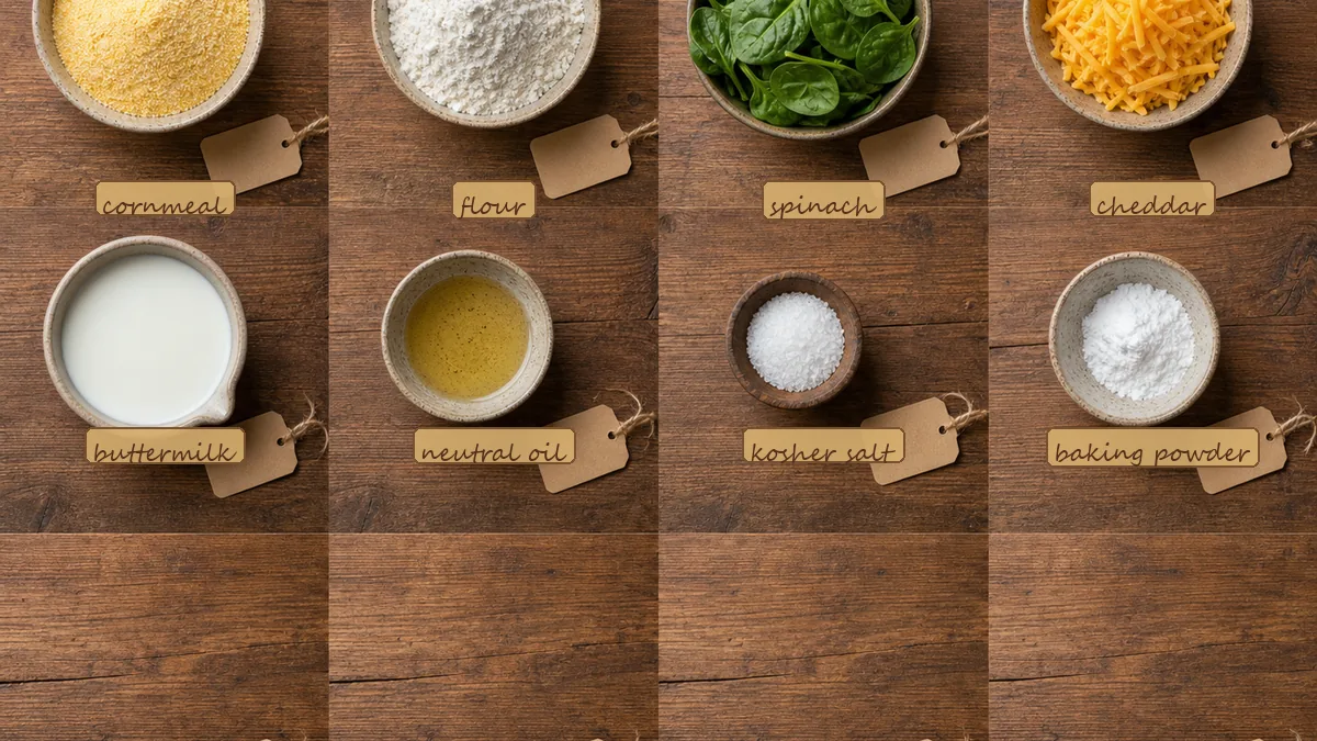 All ingredients for Spinach Cheddar Mini Cornbread, labeled