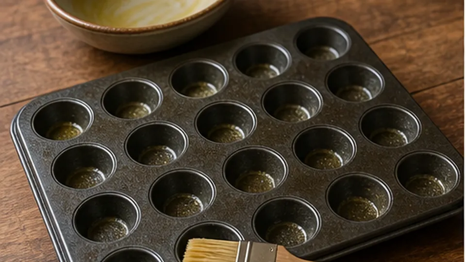 Heat oven and oil the pan for Spinach Cheddar Mini Cornbread