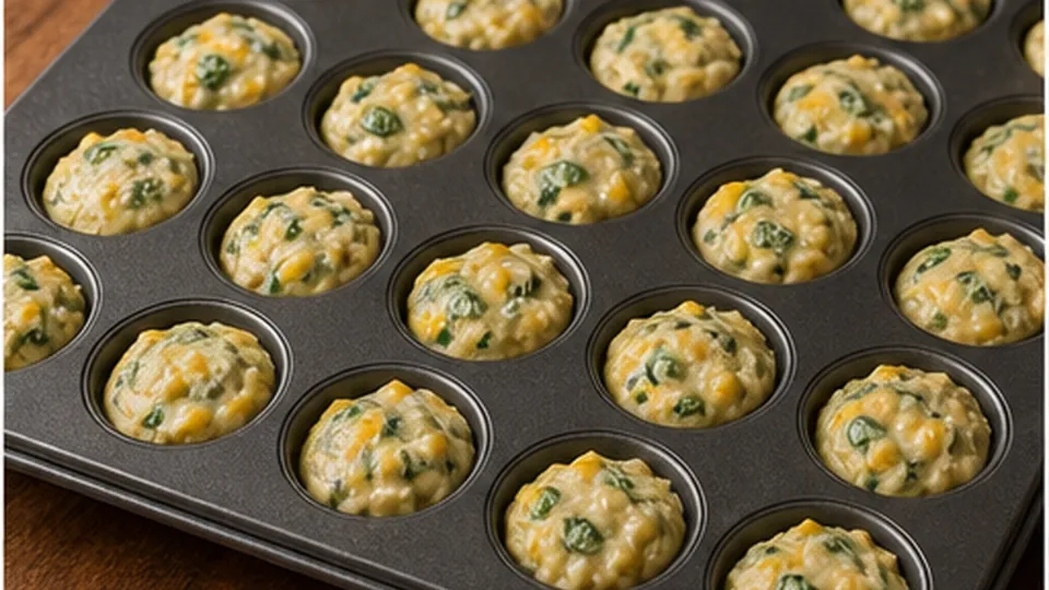 Fill the mini wells for Spinach Corn Mini Muffins