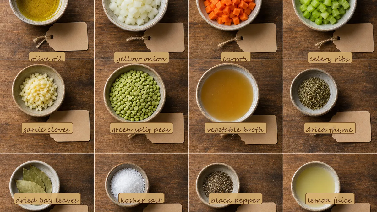 All ingredients for Split Pea Vegetable Pot, labeled