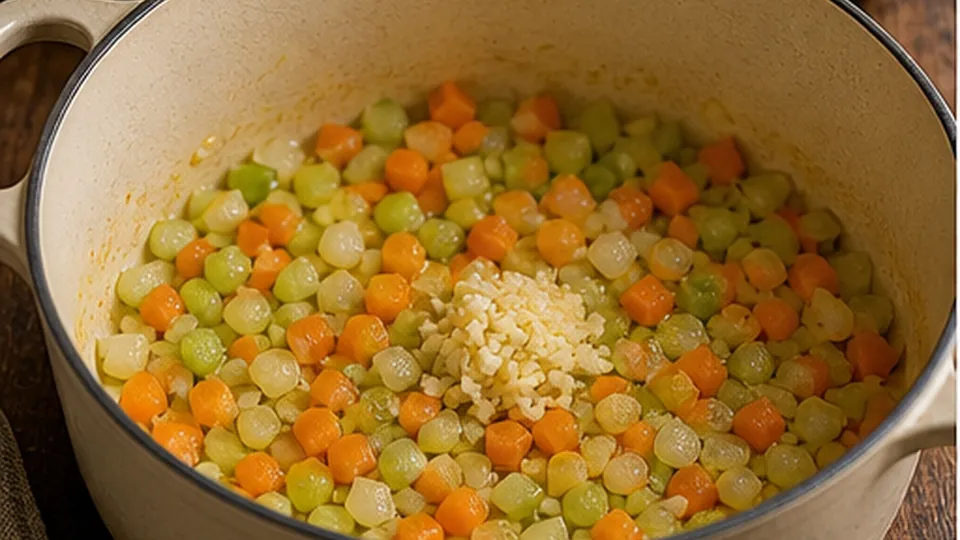 Soften the diced vegetables for Split Pea Vegetable Pot