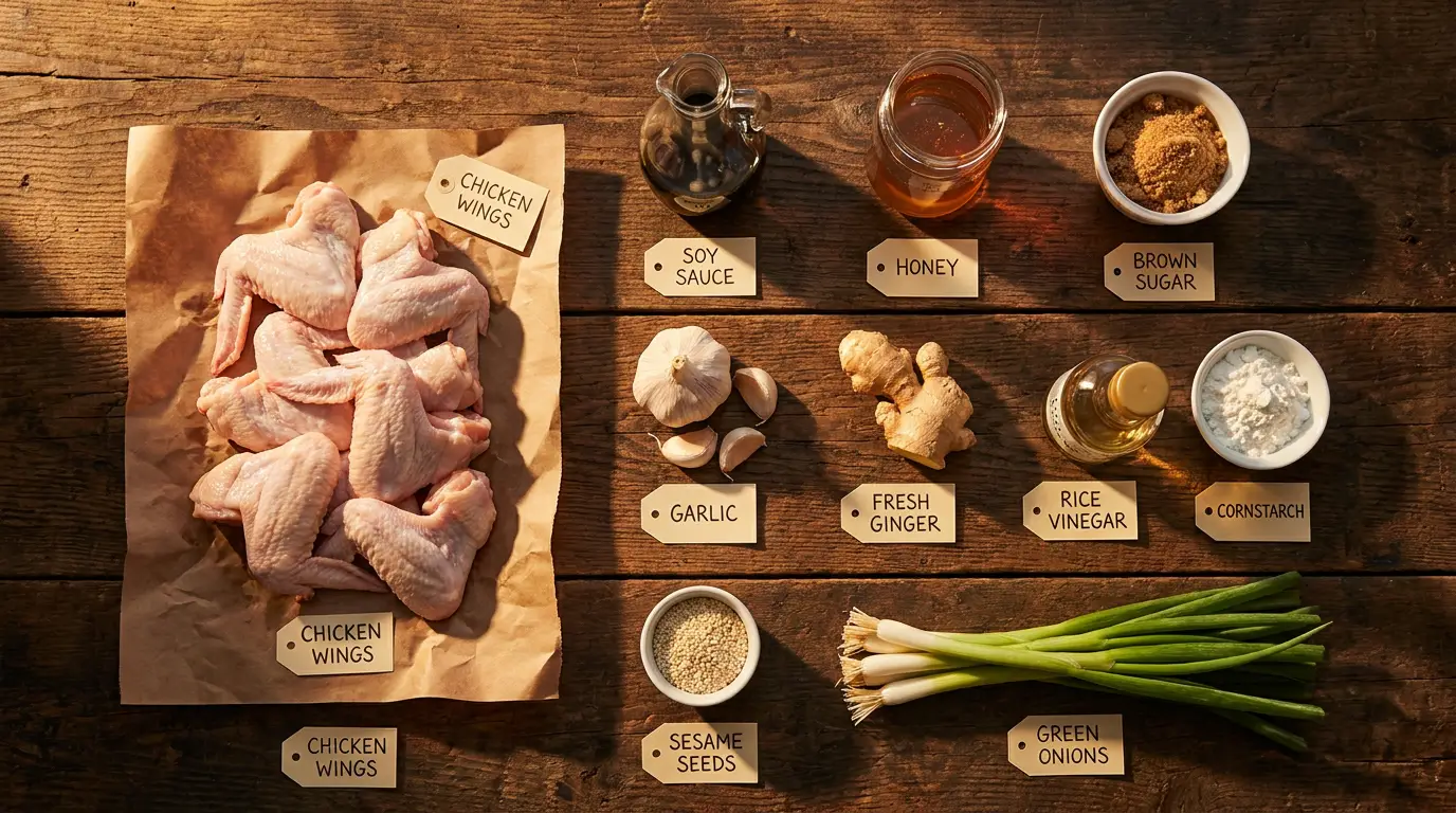 All ingredients for Sticky Soy-Garlic Chicken Wings, labeled