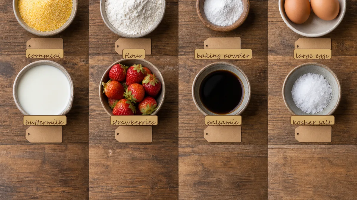All ingredients for Strawberry Balsamic Cornbread, labeled