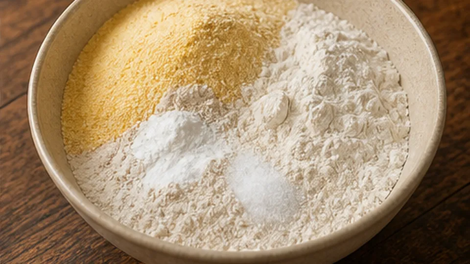 Whisk the cornmeal base for Strawberry Balsamic Cornbread